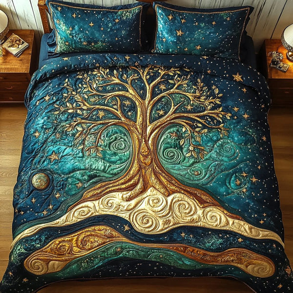 Evergreen Essence quilted 3-piece bedding set on a made bed with two matching pillow shams