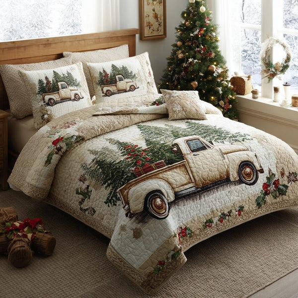 Evergreen Express quilted 3-piece bedding set on a made bed with two matching pillow shams
