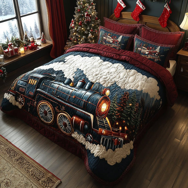 Evergreen Express quilted 3-piece bedding set on a made bed with two matching pillow shams