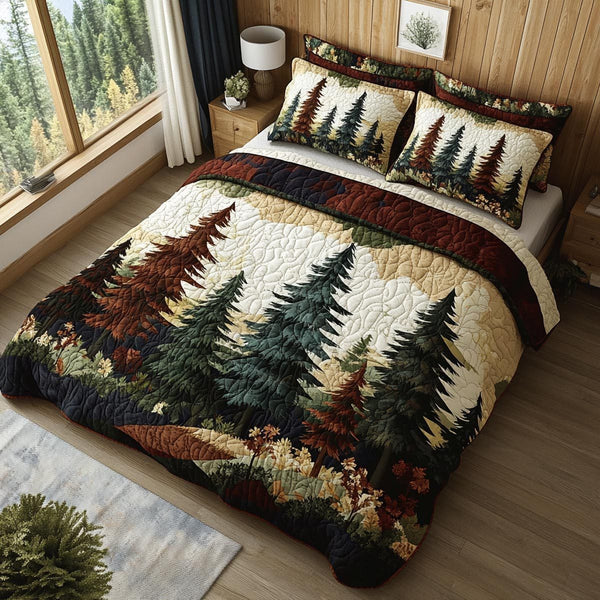 Evergreen Forest quilted 3-piece bedding set on a made bed with two matching pillow shams