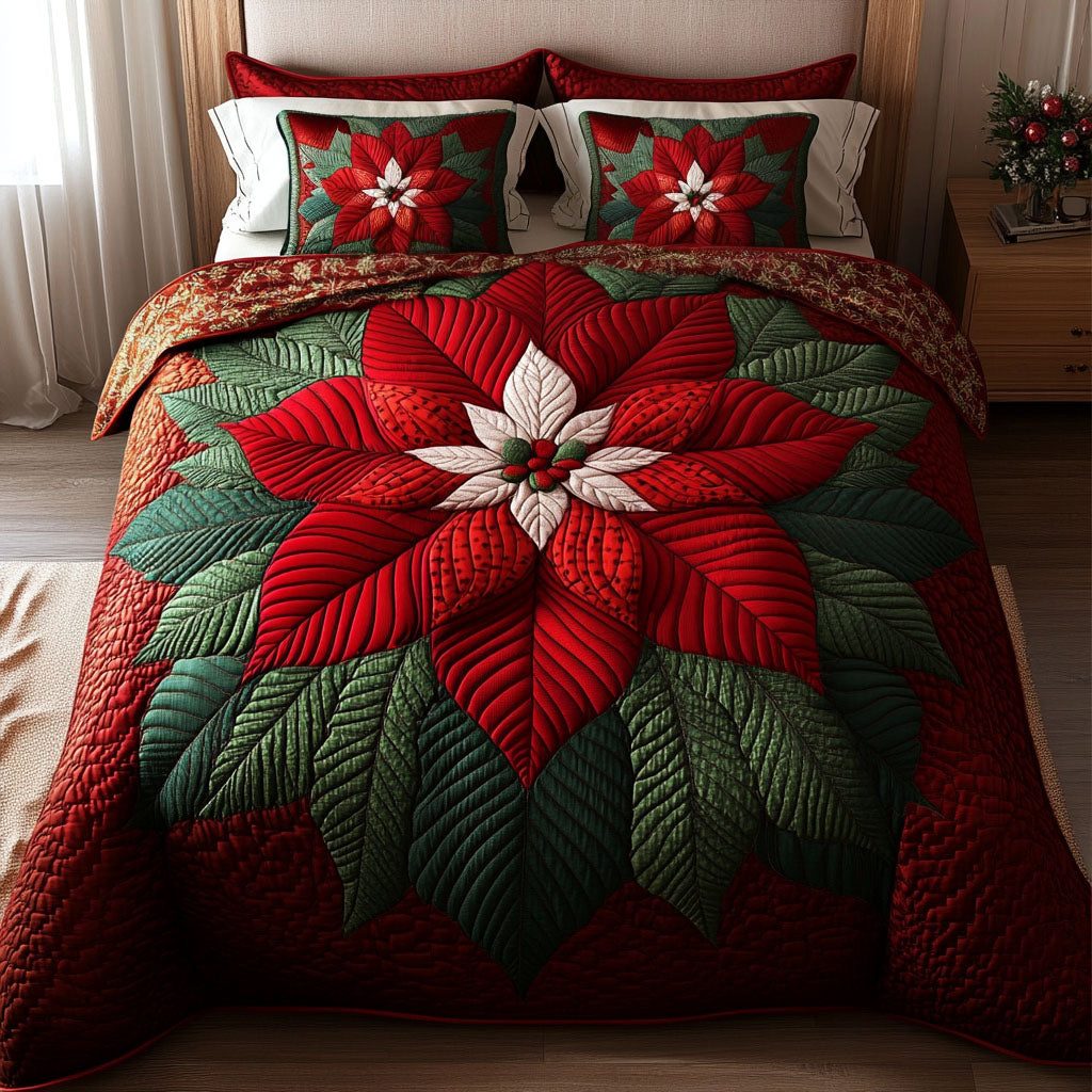 Evergreen Frost quilted 3-piece bedding set on a made bed in a winter-styled bedroom