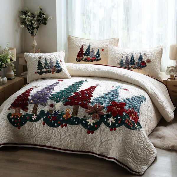 Evergreen Frostland quilted 3-piece bedding set on a made bed in a winter-styled bedroom