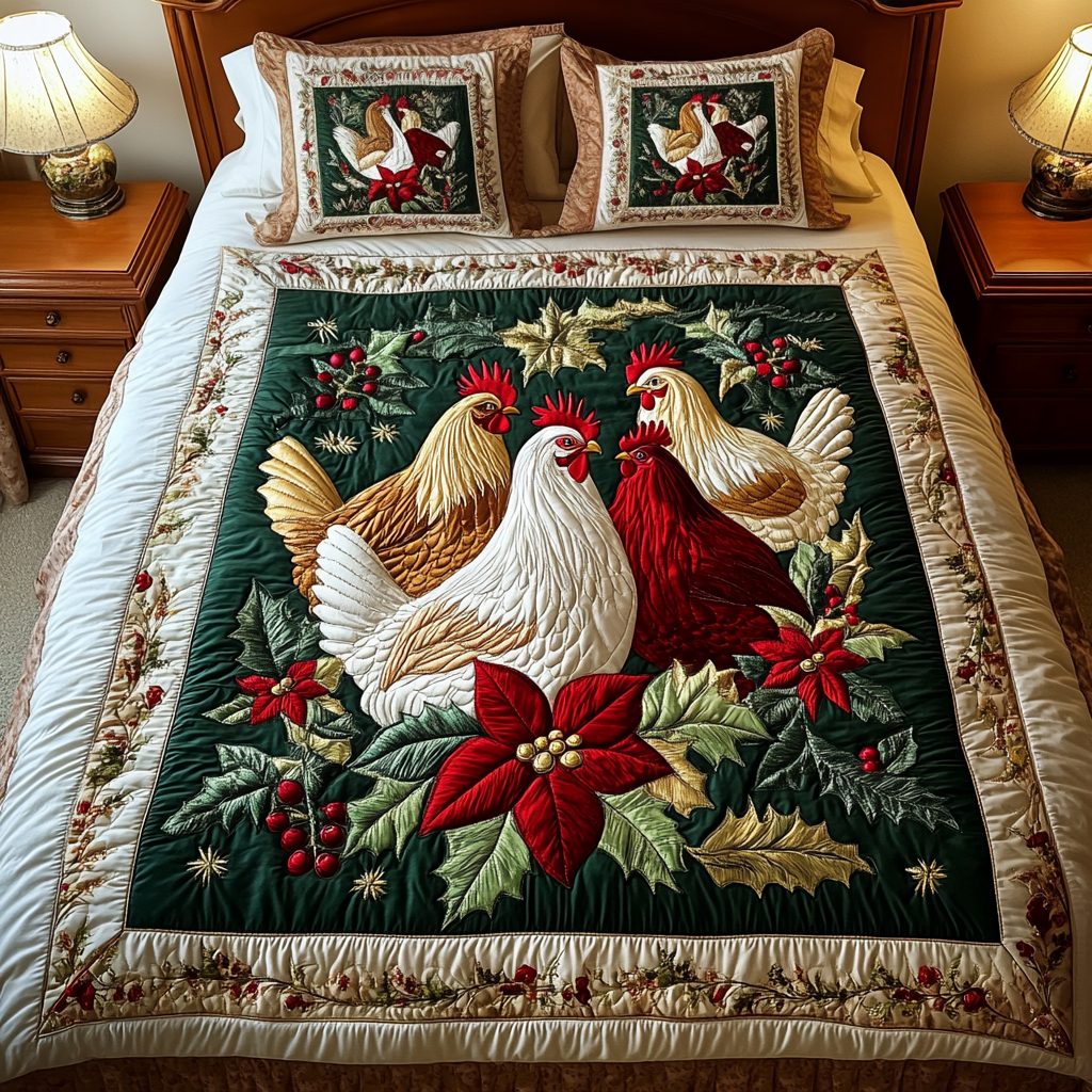 Evergreen Gathering quilted 3-piece bedding set on a made bed with two matching pillow shams