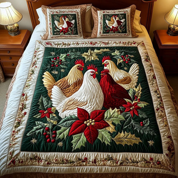 Evergreen Gathering quilted 3-piece bedding set on a made bed with two matching pillow shams