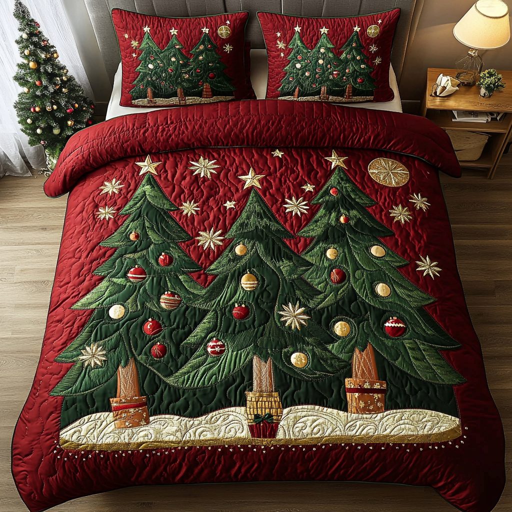 Evergreen Glow quilted 3-piece bedding set on a made bed with two matching pillow shams