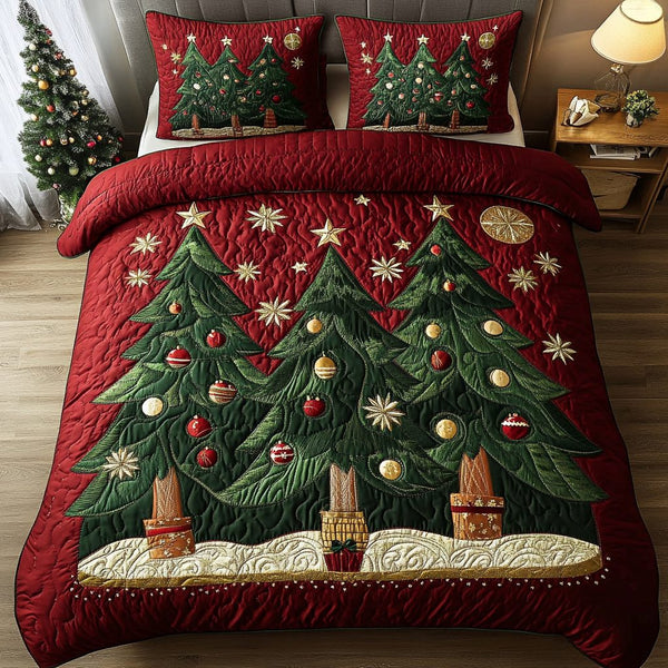 Evergreen Glow quilted 3-piece bedding set on a made bed with two matching pillow shams