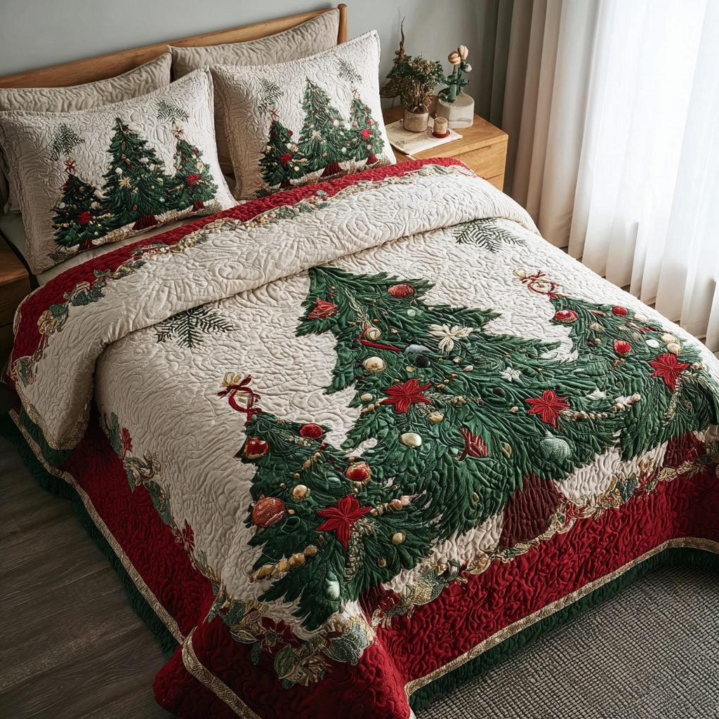 Evergreen Glow quilted 3-piece bedding set on a made bed with two matching pillow shams