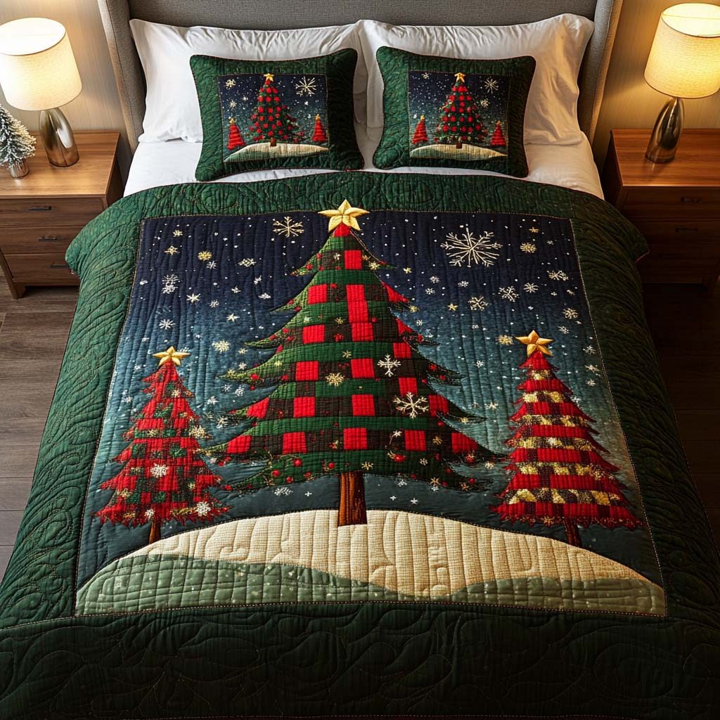 Evergreen Glow quilted 3-piece bedding set on a made bed with two matching pillow shams