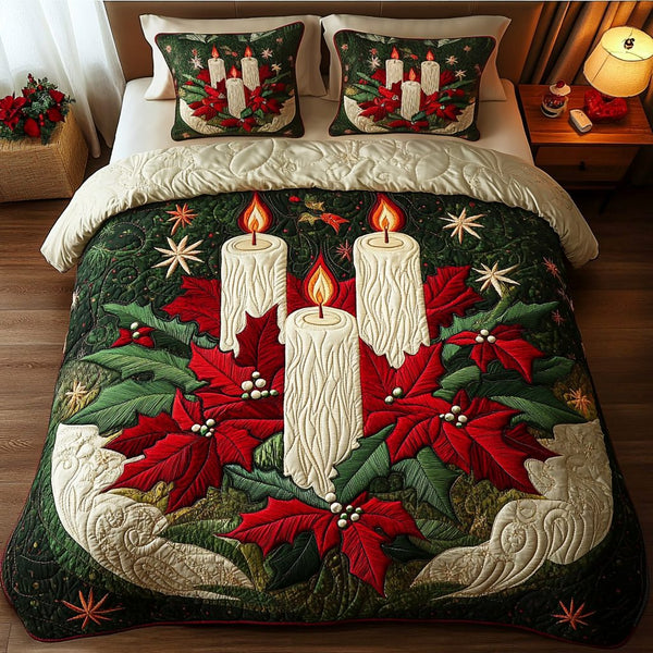 Evergreen Glow quilted 3-piece bedding set on a made bed with two matching pillow shams