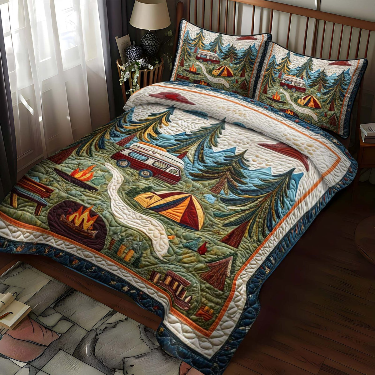 Evergreen Haven quilted 3-piece bedding set on a made bed with two matching pillow shams