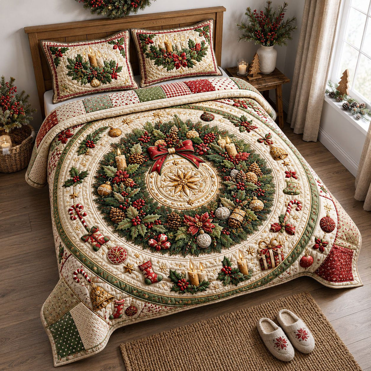 Evergreen Holiday Wreath quilted 3-piece bedding set on a made bed in a winter-styled bedroom