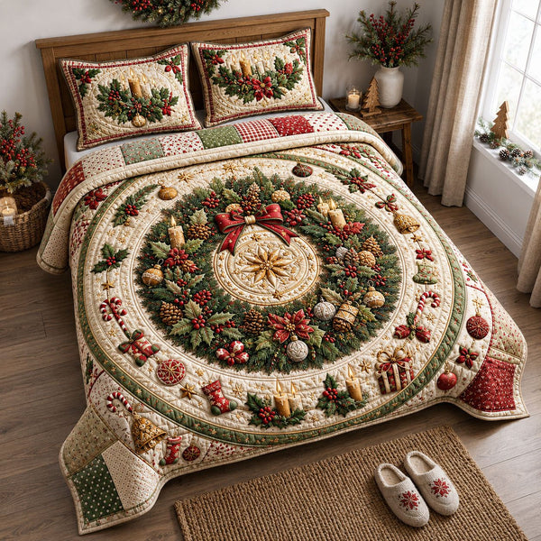 Evergreen Holiday Wreath quilted 3-piece bedding set on a made bed in a winter-styled bedroom
