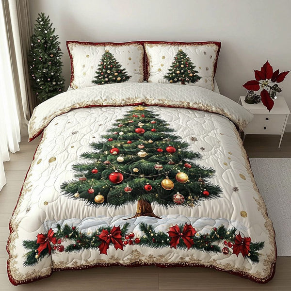 Evergreen Lane quilted 3-piece bedding set on a made bed with two matching pillow shams