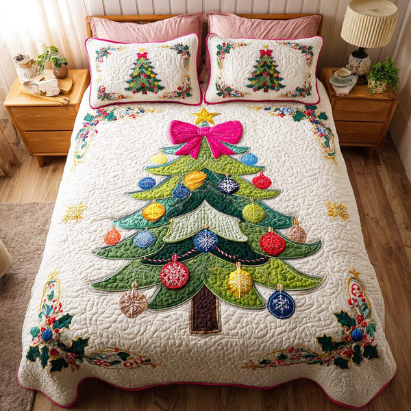 Evergreen Light quilted 3-piece bedding set on a made bed with two matching pillow shams