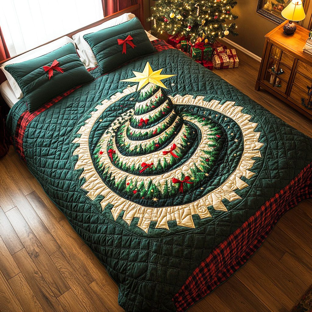 Evergreen Light quilted 3-piece bedding set on a made bed with two matching pillow shams