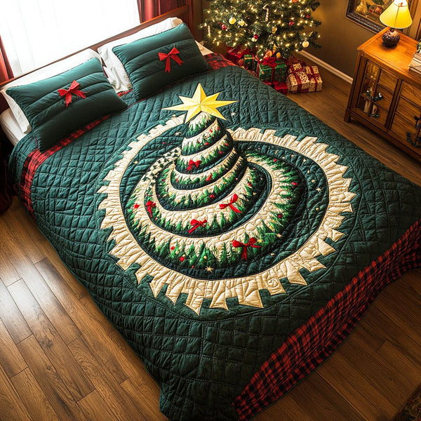 Evergreen Light quilted 3-piece bedding set on a made bed with two matching pillow shams
