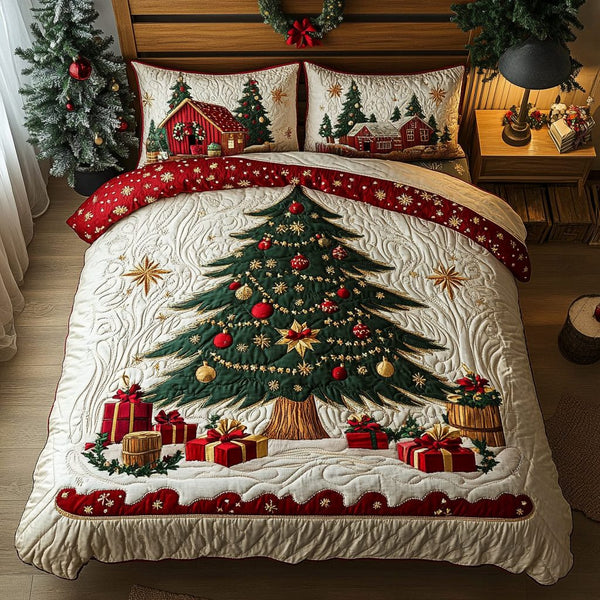 Evergreen Magic quilted 3-piece bedding set on a made bed with two matching pillow shams