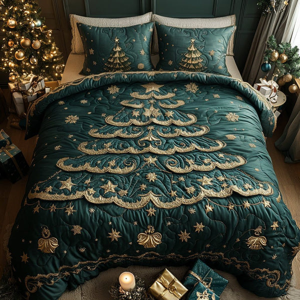 Evergreen Magic quilted 3-piece bedding set on a made bed with two matching pillow shams