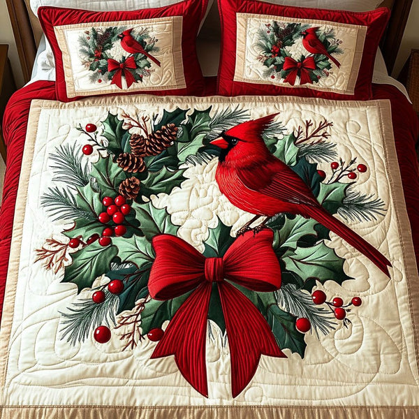Evergreen Noel quilted 3-piece bedding set on a made bed in a winter-styled bedroom