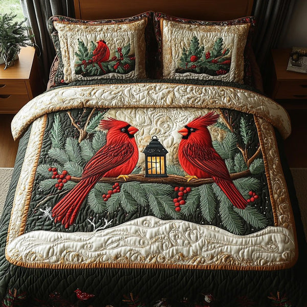 Evergreen Pair quilted 3-piece bedding set on a made bed with two matching pillow shams