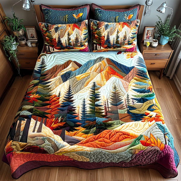 Evergreen Peaks quilted 3-piece bedding set on a made bed with two matching pillow shams