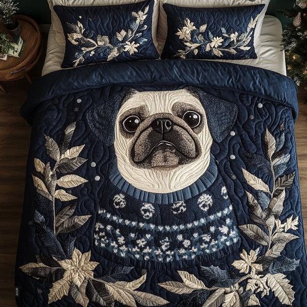 Evergreen Pug Eyes quilted 3-piece bedding set on a made bed with two matching pillow shams