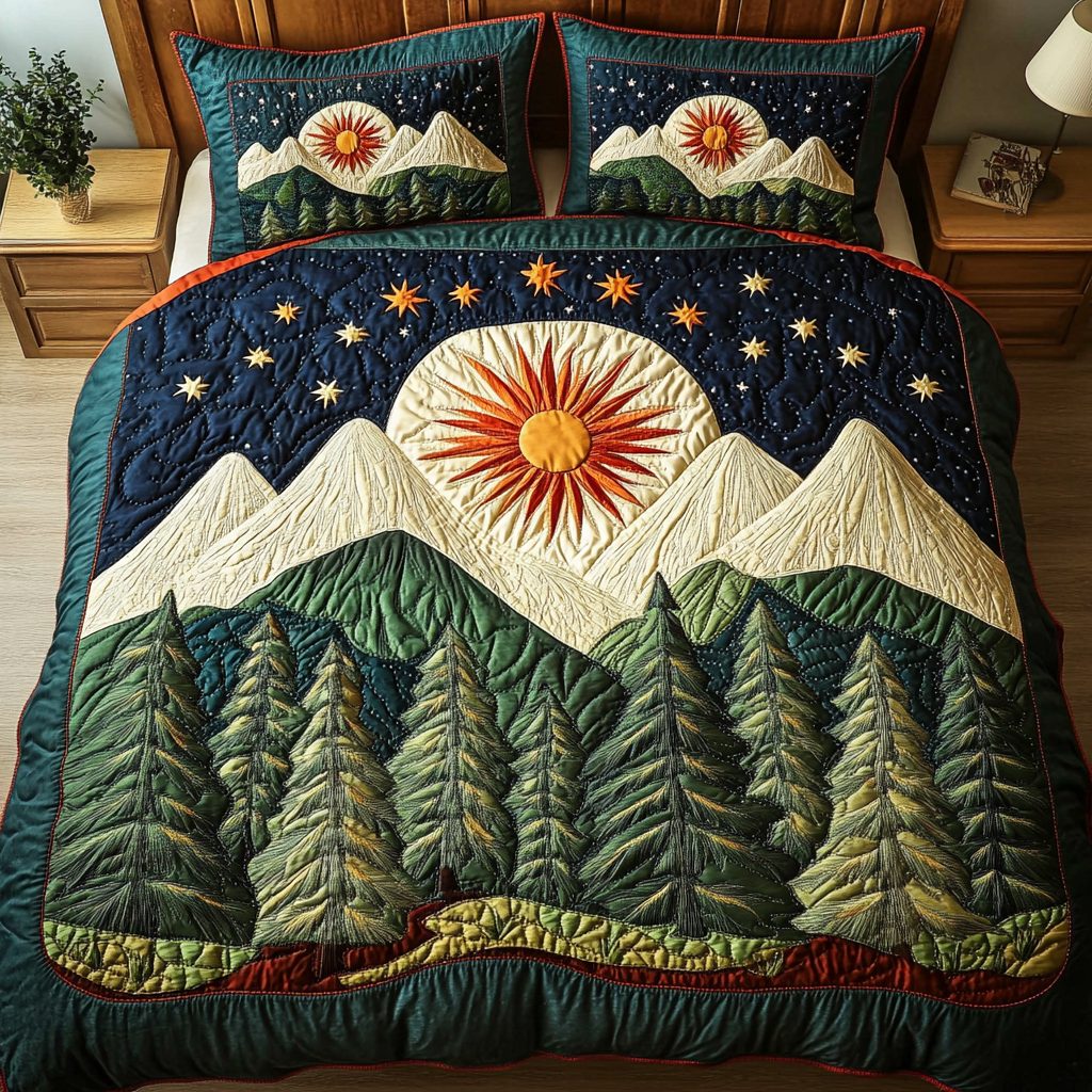 Evergreen Scene quilted 3-piece bedding set on a made bed with two matching pillow shams