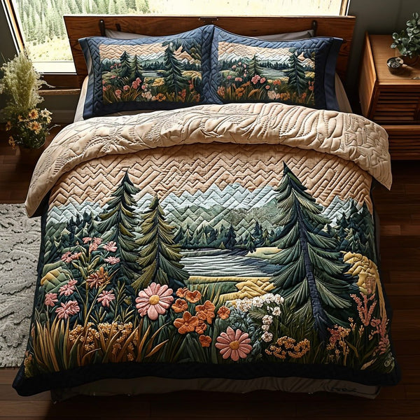 Evergreen Soul quilted 3-piece bedding set on a made bed with two matching pillow shams