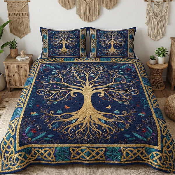 Evergreen Spirit quilted 3-piece bedding set on a made bed with two matching pillow shams