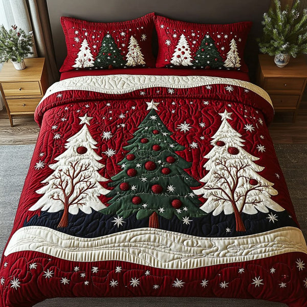 Evergreen Star quilted 3-piece bedding set on a made bed with two matching pillow shams