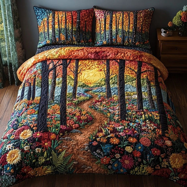Evergreen Trail quilted 3-piece bedding set on a made bed with two matching pillow shams