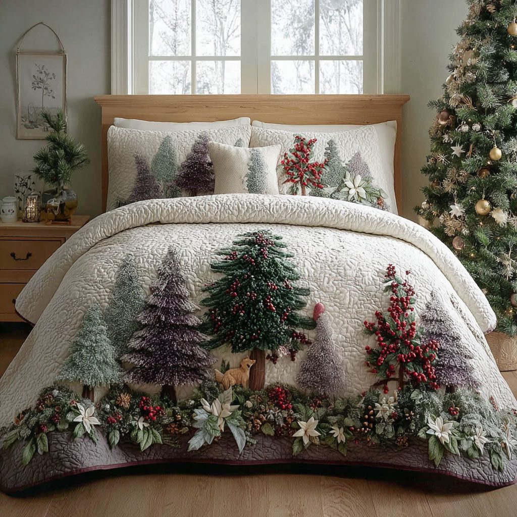 Evergreen Winterland quilted 3-piece bedding set on a made bed in a winter-styled bedroom