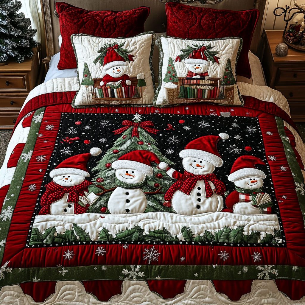 Evergreen Wishes quilted 3-piece bedding set on a made bed with two matching pillow shams