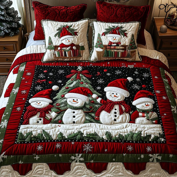 Evergreen Wishes quilted 3-piece bedding set on a made bed with two matching pillow shams