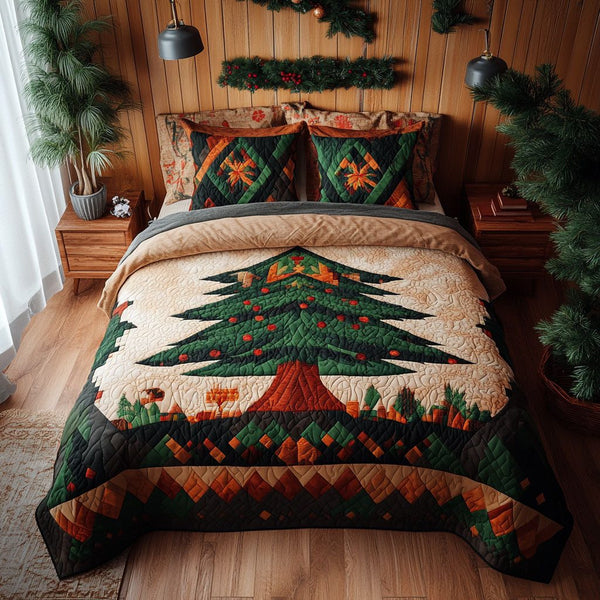 Evergreen Wonderland quilted 3-piece bedding set on a made bed with two matching pillow shams