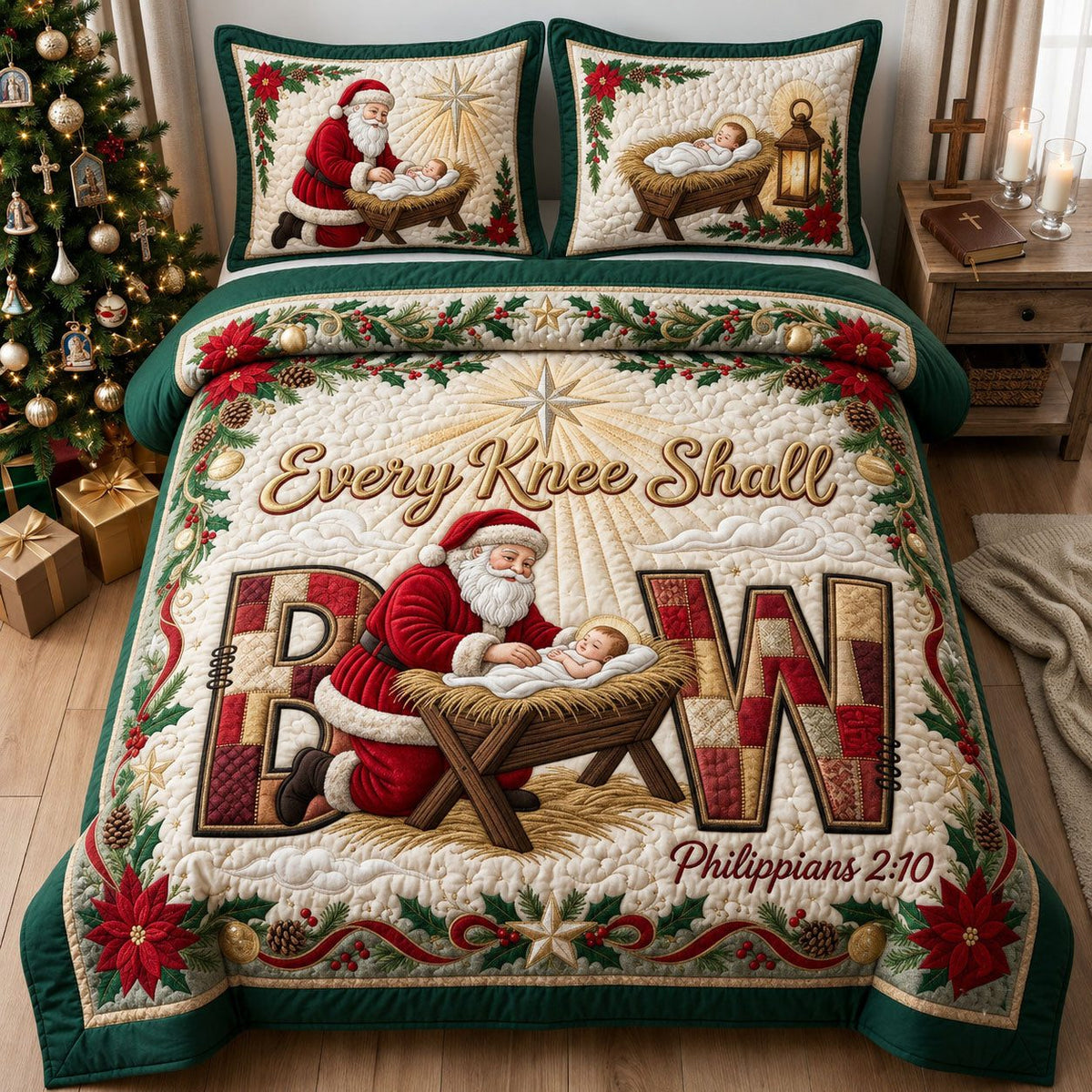 Every Knee Shall Bow quilted 3-piece bedding set on a made bed with two matching pillow shams