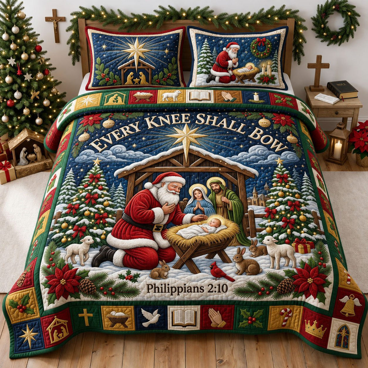 Every Knee Shall Bow quilted 3-piece bedding set on a made bed with two matching pillow shams