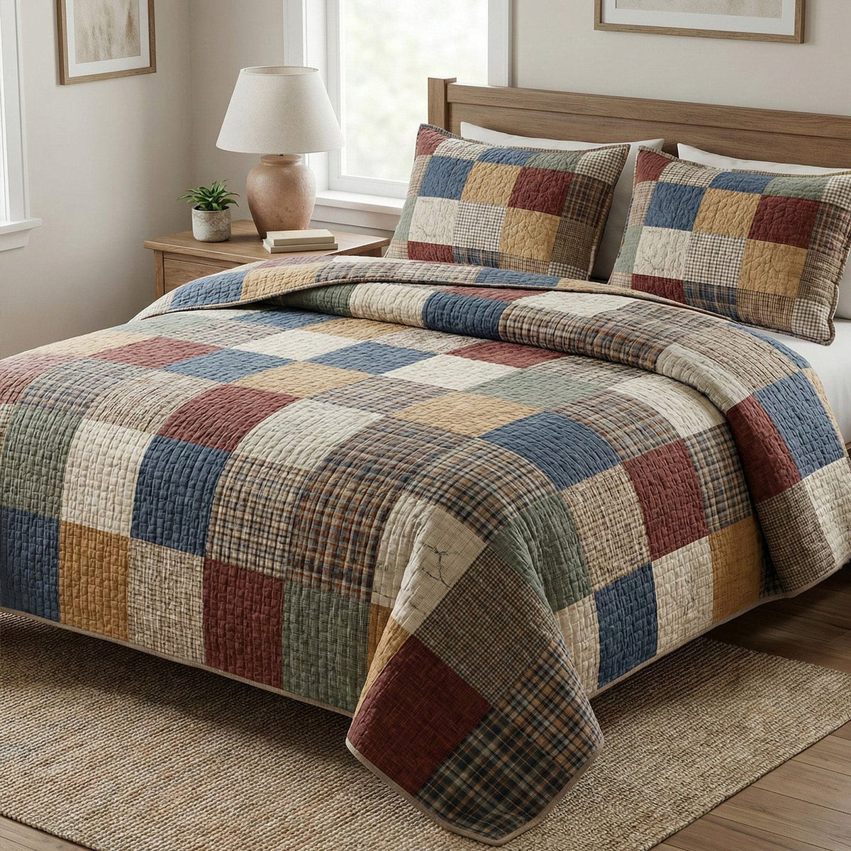 Everyday Cozy quilted 3-piece bedding set on a made bed with two matching pillow shams