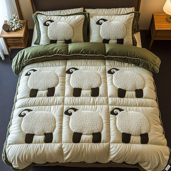 Ewe And Me quilted 3-piece bedding set on a made bed with two matching pillow shams