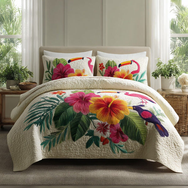 Exotic Birds quilted 3-piece bedding set on a made bed with two matching pillow shams