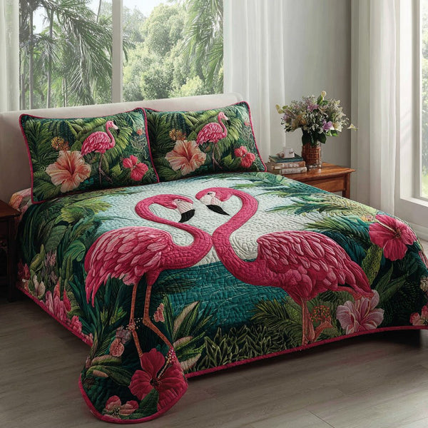 Exotic Duo quilted 3-piece bedding set on a made bed with two matching pillow shams