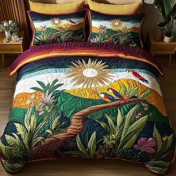 Exotic Eden quilted 3-piece bedding set on a made bed with two matching pillow shams