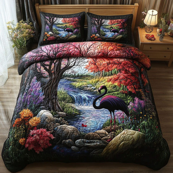 Exotic Flamingo Haven quilted 3-piece bedding set on a made bed with two matching pillow shams