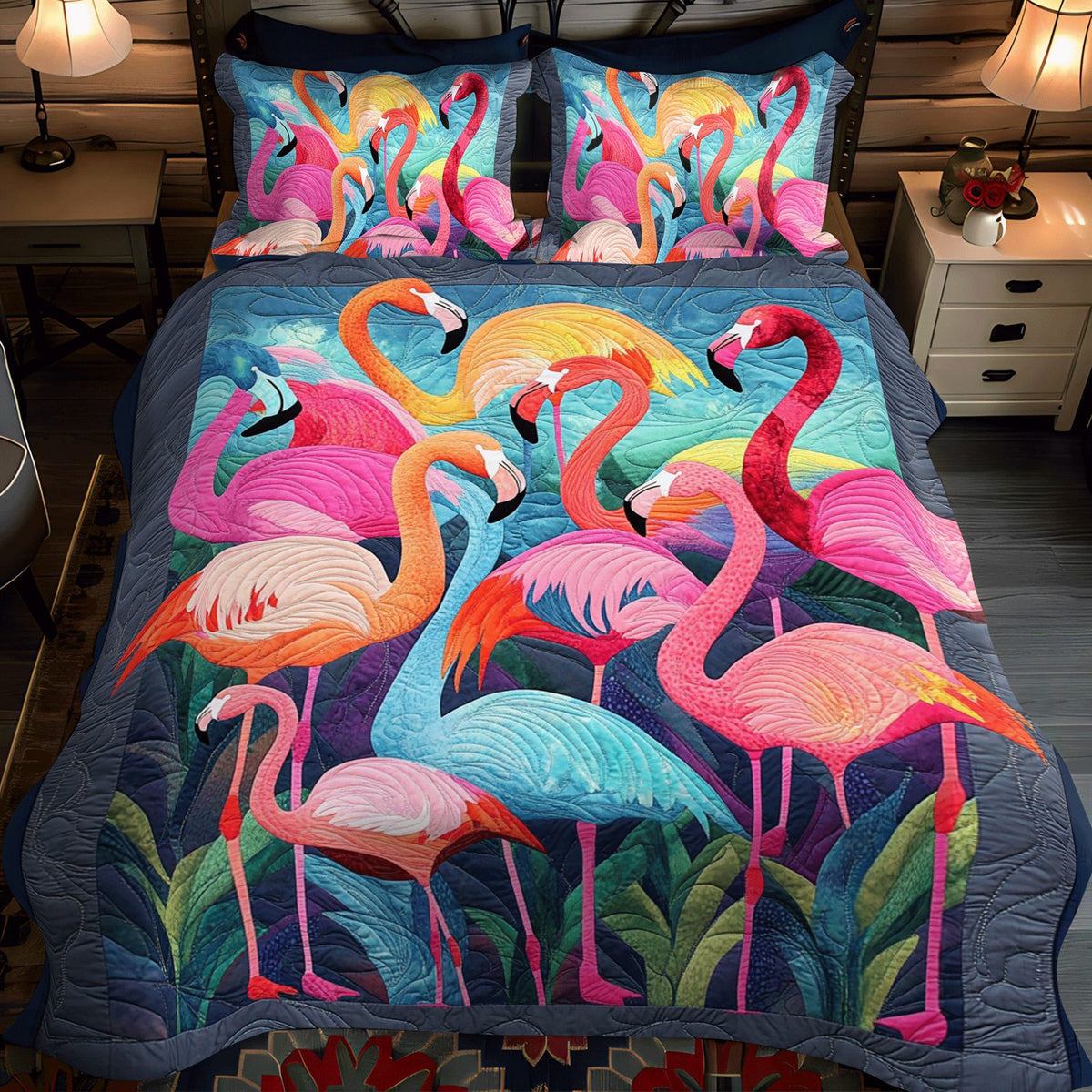 Exotic Flamingo quilted 3-piece bedding set on a made bed with two matching pillow shams