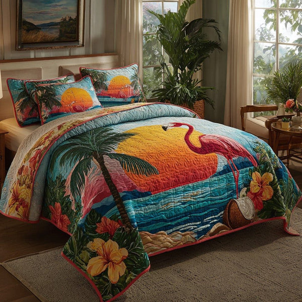 Exotic Horizon quilted 3-piece bedding set on a made bed with two matching pillow shams