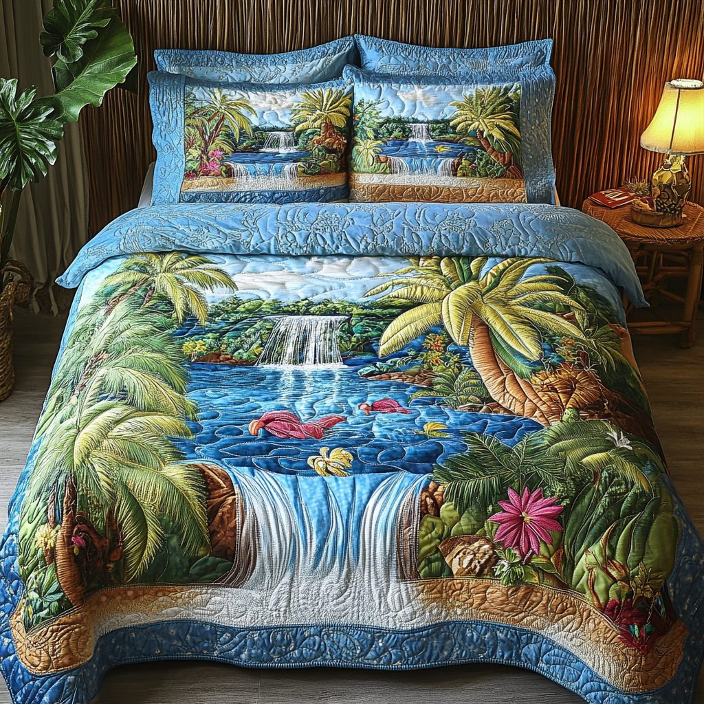 Exotic Shore quilted 3-piece bedding set on a made bed in a light coastal bedroom