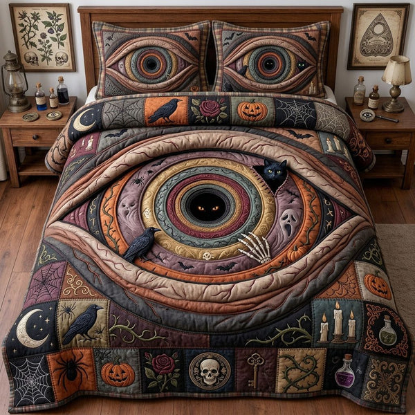 Eye Of Darkness quilted 3-piece bedding set on a made bed with two matching pillow shams