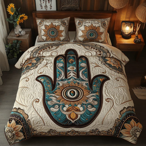 Eye of Protection quilted 3-piece bedding set on a made bed with two matching pillow shams