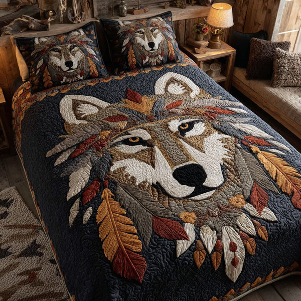 Eyes of the North quilted 3-piece bedding set on a made bed with two matching pillow shams