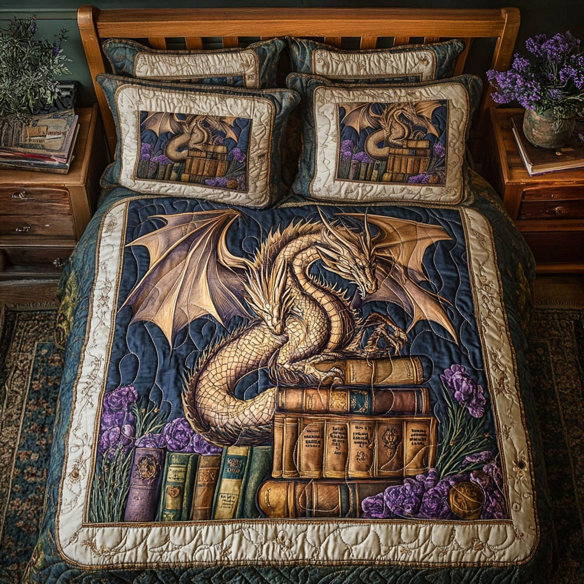 Fabled Wings quilted 3-piece bedding set on a made bed with two matching pillow shams
